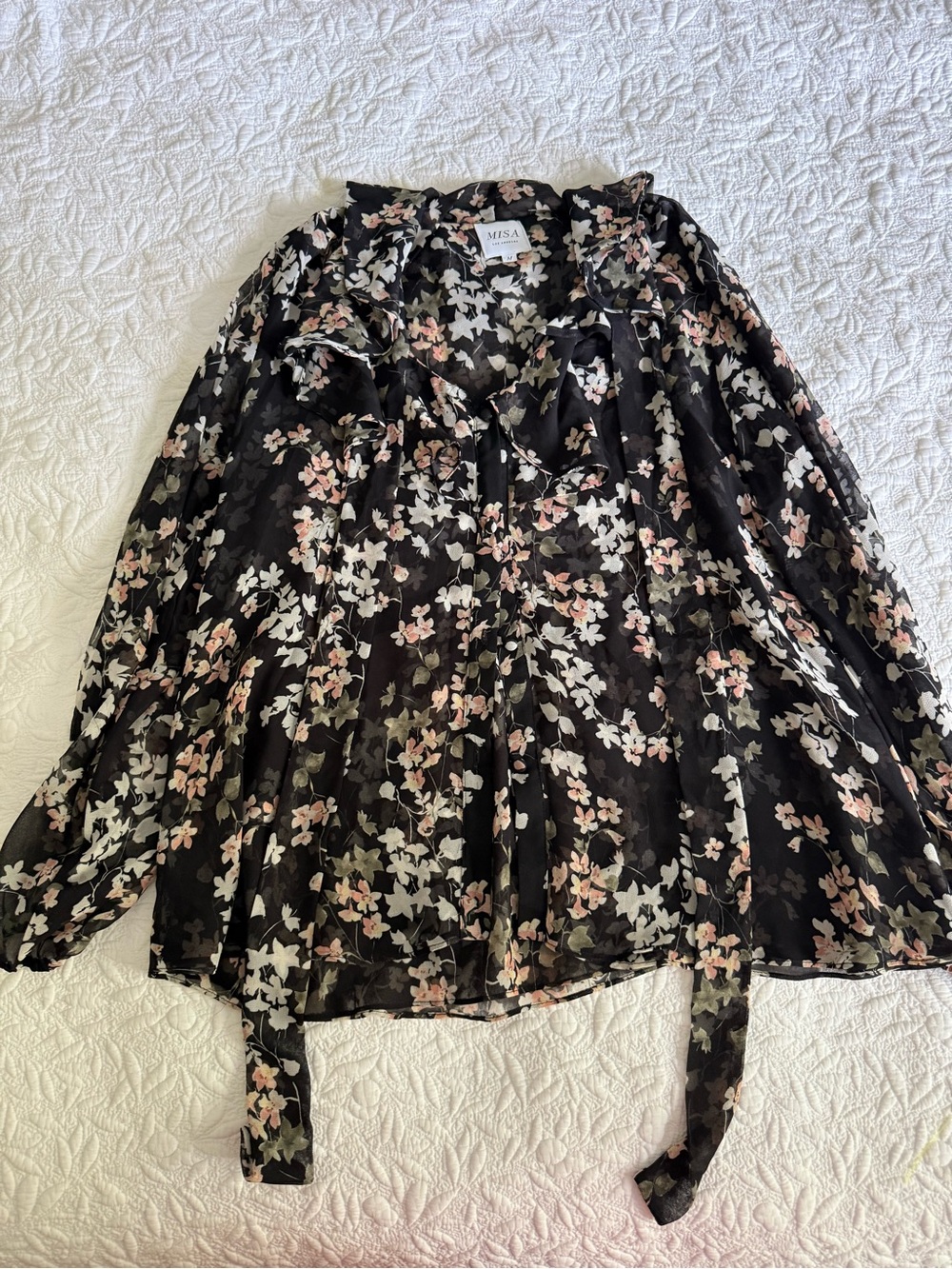 Misa Los Angeles Black Sheer Floral Tie-Neck Blouse with Pink and Cream Flowers
